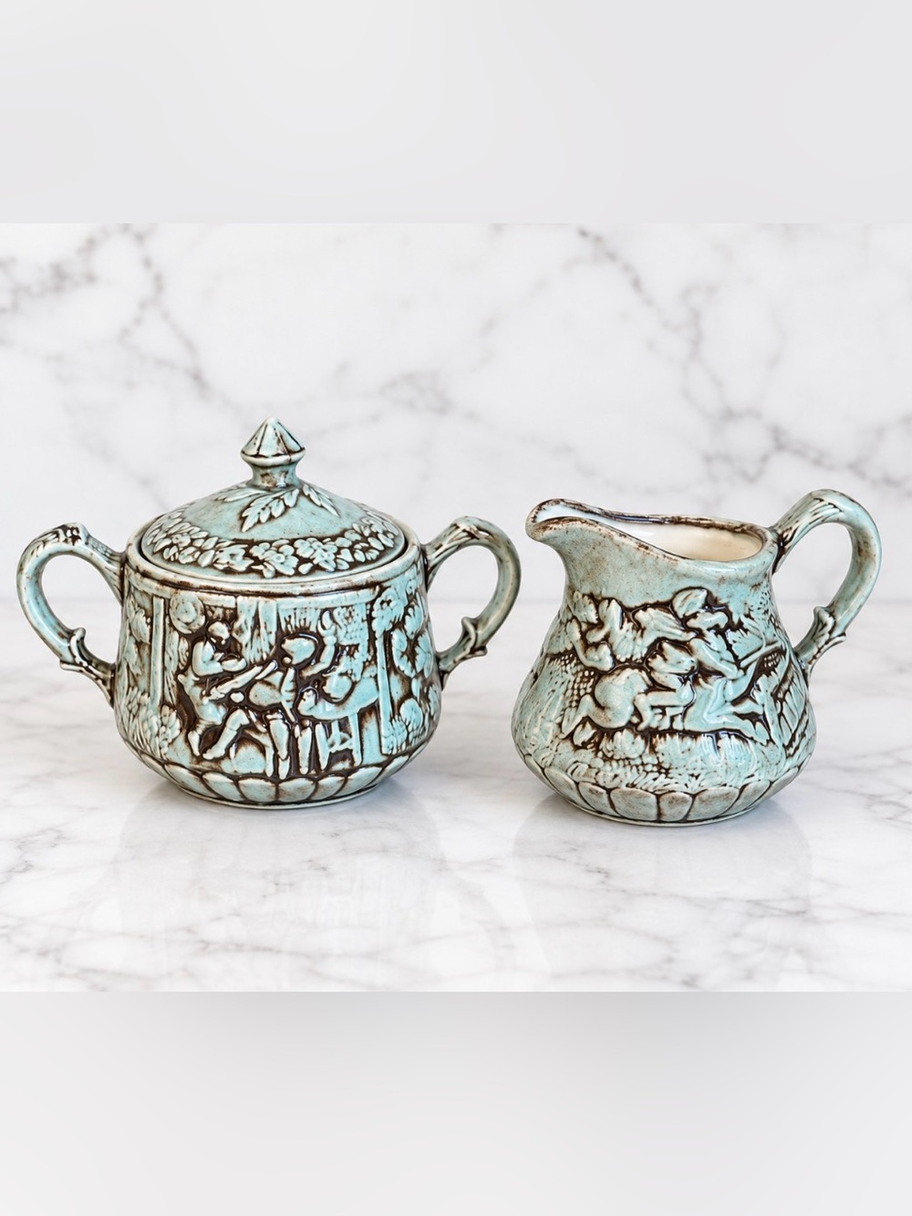 Vintage Green & White Cream and Sugar set features a Tam O Shanter design signed